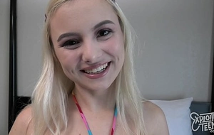 Blond legal age teenager with a thick ass swallows cum