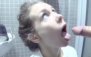 Fitness teen acquires ass to mouth in public toilet
