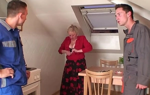 Busty grandmother swallows two cocks handy once