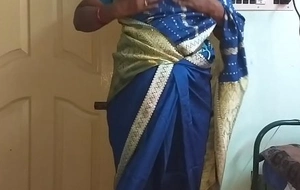 des indian roasting cheating tamil telugu kannada malayalam hindi wife vanitha wearing blue colour saree  showing big boobs with the addition of hairless pussy press hard boobs press nip rubbing pussy malign