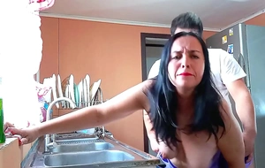 Fucking my stepmom in the kitchenette topless and moaning loudly